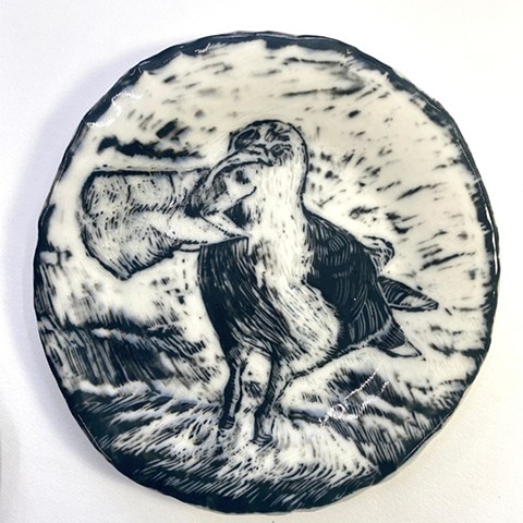 slump mould clay plate with sgraffito on slip.