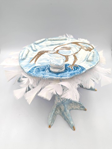 Porcelain clay hand built, plate blue slip, sgraffito & gold lustre