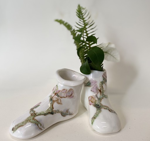 porcelain shoes with hand painted pink flowers on green branches