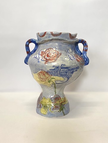 hand built clay with glaze and underglaze and onglaze and hand painted