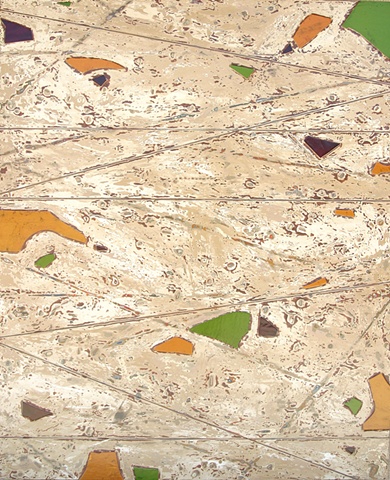 Amber, green and blue stained glass and intersecting brown lines on top of tan and cream background with embedded seeds, twigs and shells. 