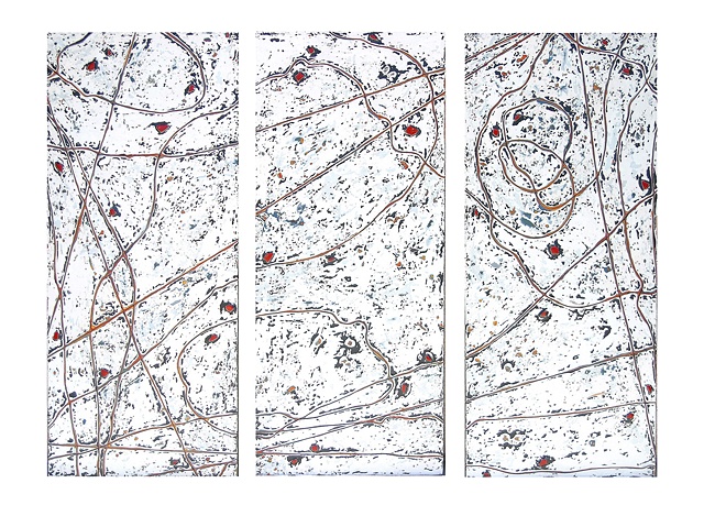 This triptych has meandering brown lines atop a white, gray and black background with embedded bits of red bottle glass that have been sanded and polished to look like rubies.  