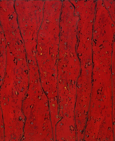 Black lines against a background of varied shades of red with blue and yellow accents in the places where the seeds, twigs and shells had been, this piece looks very much like the a sheet of fine wood that has been stained red.