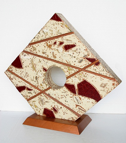 "Clouded" ruby stained glass and copper lines on a creamy ivory background on a five-sided shape with a painted copper wooden base.