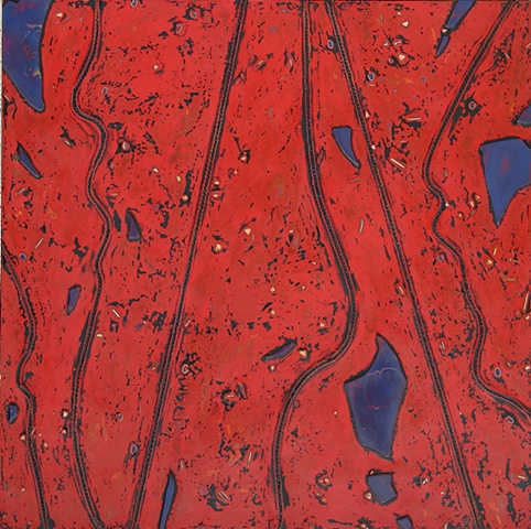Islands of blue glass with striking red underpainting and black lines on top of a sea of mixed reds.