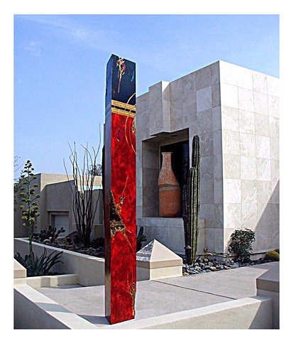 Tall deep red and black bronze stele from the Nazca series.