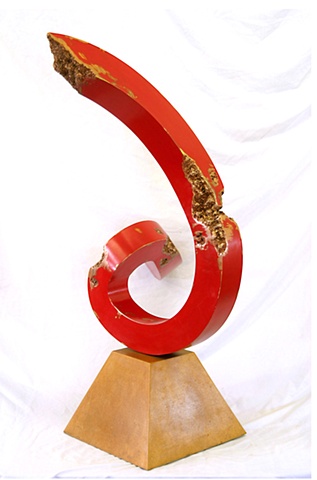 Red oil enamel and patina on bronze pedestal sculpture with bronze base.