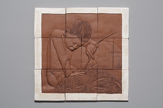 Hand cut tiles, carved, with stain and terra sigillata