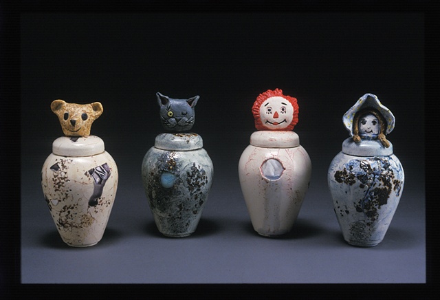 urns, raggedy ann, holly hobby , stuffed animals; porcelain