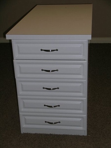 10 drawer white melamine island cabinet with raised panel drawer fronts and laminate countertop