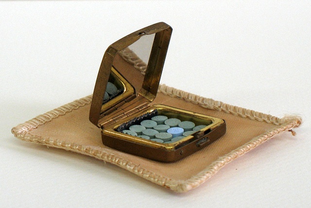 Miniature compact with birth control pills and band-saw blades