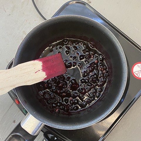 Add a few tablespoons of water to the grapes and bring to a simmer over low heat for about 10 minutes, crushing the grapes as they soften