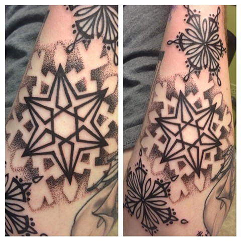 Black Snowflake dot linework tattoo 