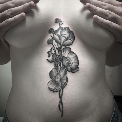 Sternum Flower girly tattoo Blackwork