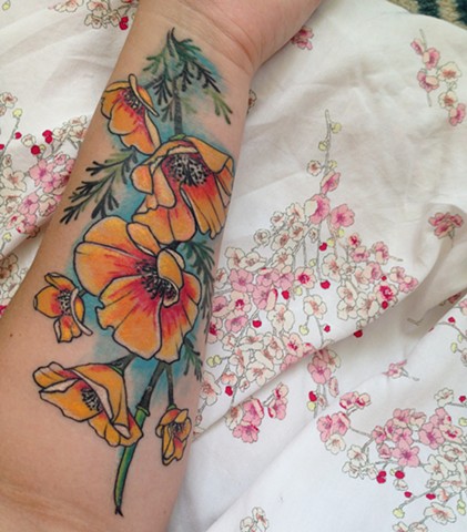 California Poppies Healed Arm Tattoo