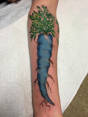 Sweet Blue carrot tattoo on arm