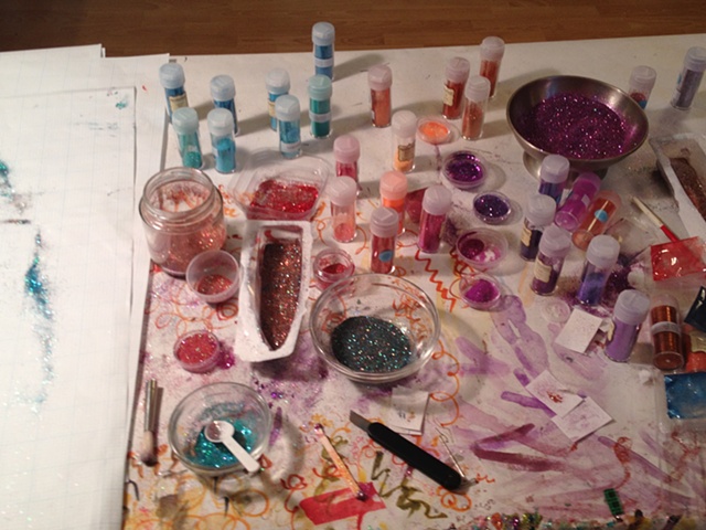 Summer 2012 Studio--glitter drawings in progress