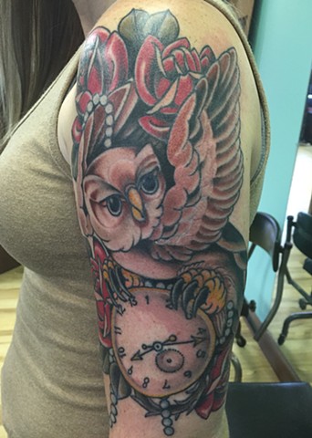 Owl and Roses Half Sleeve