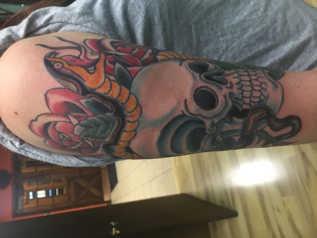 Snake and Skull with Roses Half Sleeve