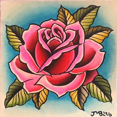 Traditional pink rose tattoo painting, made in Toronto