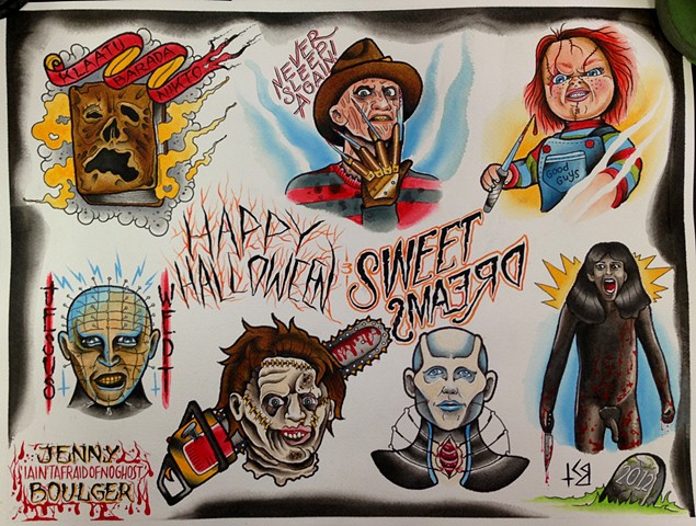 Horror movie tattoo flash designs featuring Freddy Krueger, Pinhead, Chucky, Necronomicon. Painted in Toronto