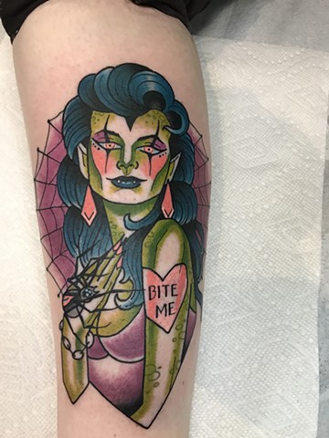 Dark but bright traditional tattoo with a sexy vampire spider web made in Toronto Ontario Canada