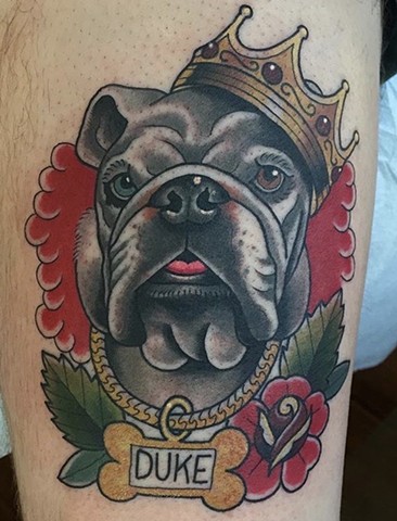 Bulldog pet portrait tattoo with bold colours in traditional or neotraditional style made in Toronto Ontario Canada