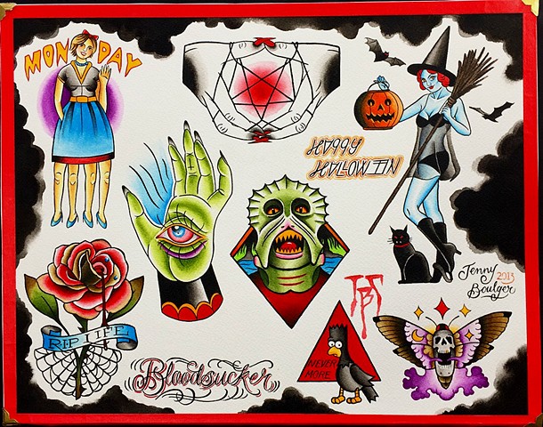 Halloween traditional tattoo flash designs in colour. Featuring a witch, monster, rose, pentagram. Painted in Toronto