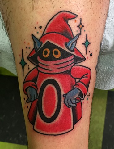 Orko from Masters of The Universe with He-Man traditional cartoon tattoo in bold traditional style, in Toronto