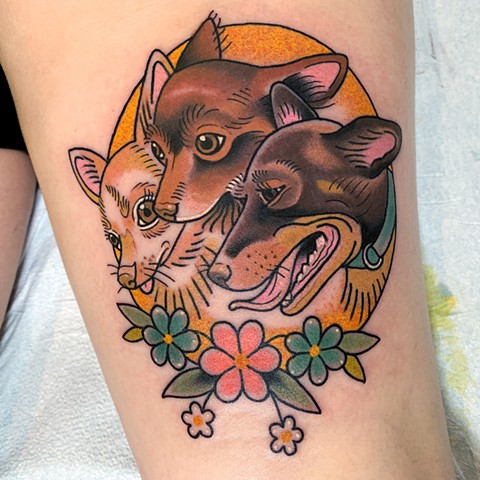 Dog portrait with floral flowers in bright colour traditional or neo-traditional tattoo style by Jenny Boulger in Toronto Ontario