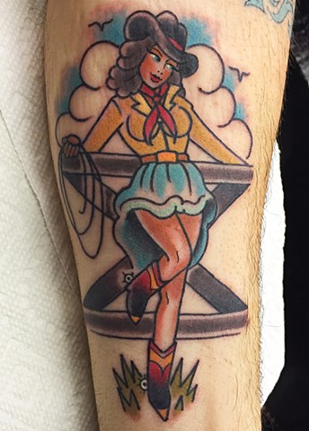 Cowgirl Pinup Girl traditional tattoo in bright colour, made in Vancouver