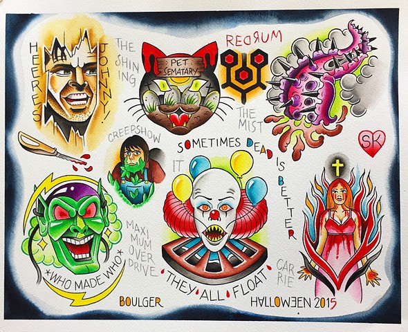 Stephen King tattoo traditional flash designs featuring The Shining, It, Pet Sematary, The Mist, Maximum Overdrive. Painted in Toronto