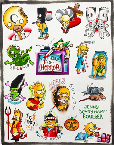 The Simpsons traditional tattoo designs from Treehouse of Horror. Featuring Bart, Homer, Flanders, Marge, Lisa. Painted in Toronto