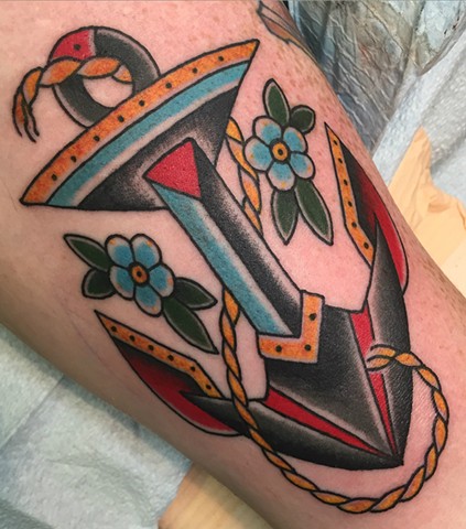 Traditional anchor tattoo in bold colour, made in Toronto