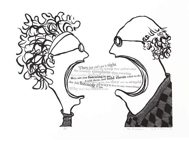 Letterpress woodcut print of man and woman griping
