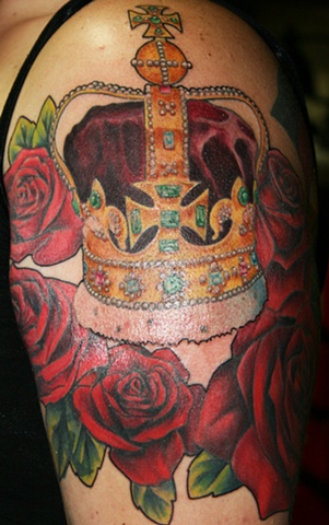 Majesty's Crown and Red Roses by Tiffany Garcia Tattoo Artist  Custom Tattoos located in Long Beach, Huntington Beach, Carson, Palos Verdes, Los Angeles, West Hollywood, Pacific Coast Highway and surrounding areas in Southern California.