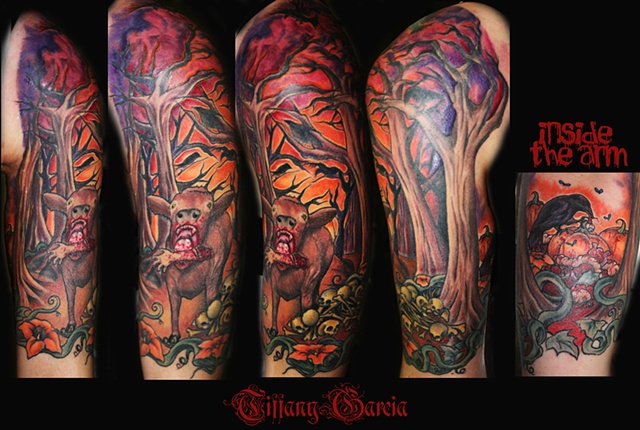 "Man eating Cow"  or cow eating  man Vegan by Tiffany Garcia Tattoo Artist Original Custom Tattoos located in Long Beach, Huntington Beach, Carson, Palos Verdes, Los Angeles, West Hollywood, Pacific Coast Highway and surrounding areas in Southern Californ