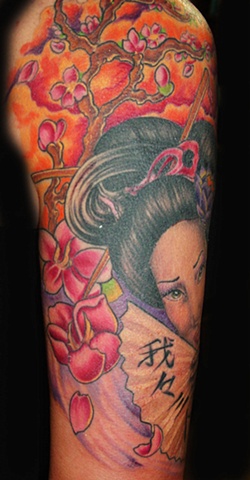 Colorful Geisha Portrait by Tiffany Garcia Tattoo Artist Original Custom Tattoos located in Long Beach, Huntington Beach, Carson, Palos Verdes, Los Angeles, West Hollywood, Pacific Coast Highway and surrounding areas in Southern California.