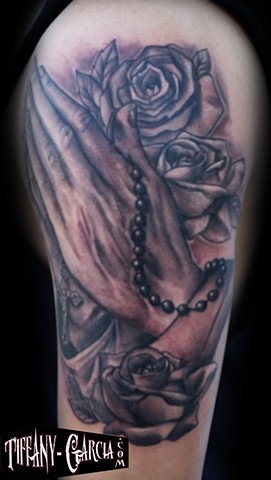 Praying Hands with Roses in Black & White by Tiffany GarciaTop Female Tattoo Artist located in Long Beach, Orange County, LA, Huntington Beach, Carson, Palos Verdes, Los Angeles, West Hollywood, Pacific Coast Highway and surrounding areas in Southern Cali