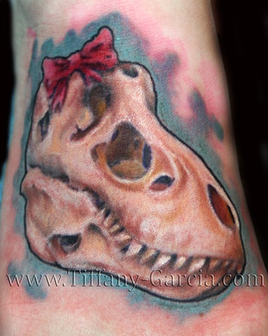 Dinosaur Skull by Tiffany Garcia Female Tattoo Artist located in Long Beach, Orange County, LA, Huntington Beach, Carson, Palos Verdes, Los Angeles, West Hollywood, Pacific Coast Highway and surrounding areas in Southern California. Custom Tattoos