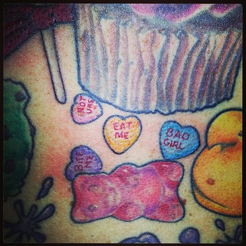 Colorful Candy Hearts  by Tiffany GarciaTop Female Tattoo Artist located in Long Beach, Orange County, LA, Huntington Beach, Carson, Palos Verdes, Los Angeles, West Hollywood, Pacific Coast Highway and surrounding areas in Southern California.