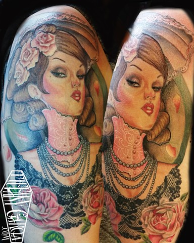 Color Portrait of a Proper Lady by Tiffany Garcia Top Female Tattoo Artist located in Long Beach, Orange County, LA, Huntington Beach, Carson, Palos Verdes, Los Angeles, West Hollywood, Pacific Coast Highway and surrounding areas in Southern California.