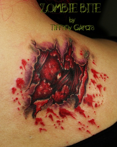 Zombie Bite by Tiffany Garcia Tattoo Artist Original Custom Tattoos located in Long Beach, Huntington Beach, Carson, Palos Verdes, Los Angeles, West Hollywood, Pacific Coast Highway and surrounding areas in Southern California.