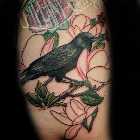 1st session of crow / raven/ with flowers by female tattoo Artist Tiffany Garcia