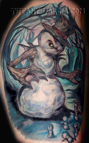 Evil Snowman  by Tiffany Garcia Tattoo Artist Custom Female Tattoo Artist located in Long Beach, Orange County, LA, Huntington Beach, Carson, Palos Verdes, Los Angeles, West Hollywood, Pacific Coast Highway and surrounding areas in Southern California.