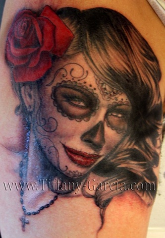 Day of the Dead  Beauty by Tiffany Garcia Female Tattoo Artist located in Long Beach, Orange County, LA, Huntington Beach, Carson, Palos Verdes, Los Angeles, West Hollywood, Pacific Coast Highway and surrounding areas in Southern California.