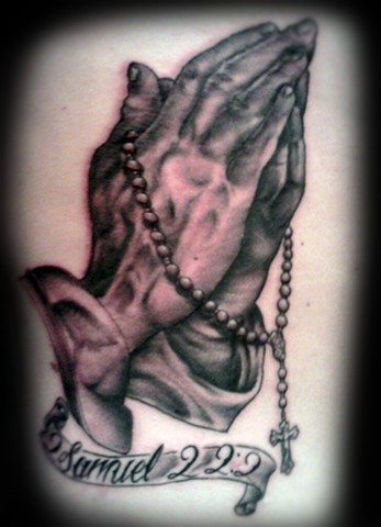 Praying Hands in Black & White  by Tiffany Garcia #1 Female Tattoo Artist located in Long Beach, Orange County, LA, Huntington Beach, Carson, Palos Verdes, Los Angeles, West Hollywood, Pacific Coast Highway and surrounding areas in Southern California.