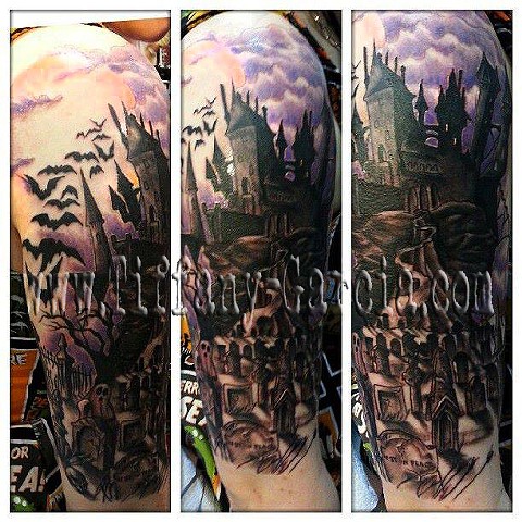 Done in Boston. Haunted Castle by Tiffany Garcia #1 Female Tattoo Artist located in Long Beach, Orange County, LA, Huntington Beach, Carson, Palos Verdes, Los Angeles, West Hollywood, Pacific Coast Highway and surrounding areas in Southern California.
