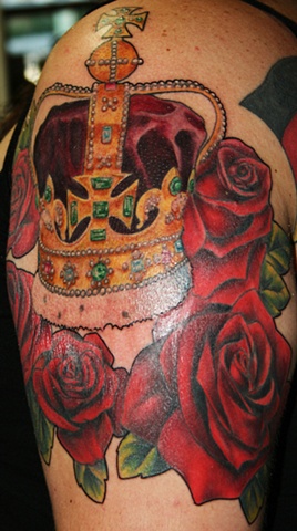 Majesty's Crown and Red Roses by Tiffany Garcia Tattoo Artist  Custom Tattoos located in Long Beach, Huntington Beach, Carson, Palos Verdes, Los Angeles, West Hollywood, Pacific Coast Highway and surrounding areas in Southern California.