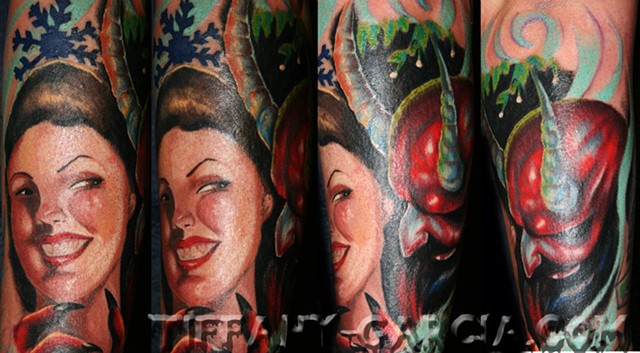 Krampus the Christmas Demon and pin up  by Tiffany Garcia #1 Female Tattoo Artist located in Long Beach, Orange County, LA, Huntington Beach, Carson, Palos Verdes, Los Angeles, West Hollywood, Pacific Coast Highway and surrounding areas in Southern Califo